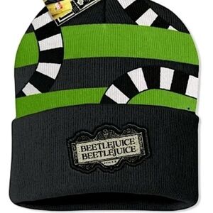 NWT Green and Black Striped Beetlejuice Sandworm Beanie